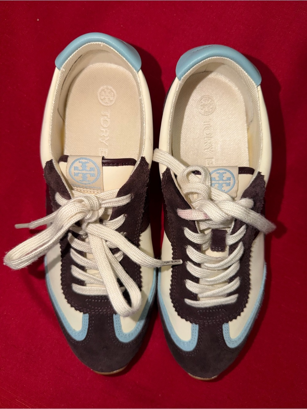 Tory Burch Cream, Navy and Light Blue Suede Lace-Up Sneakers